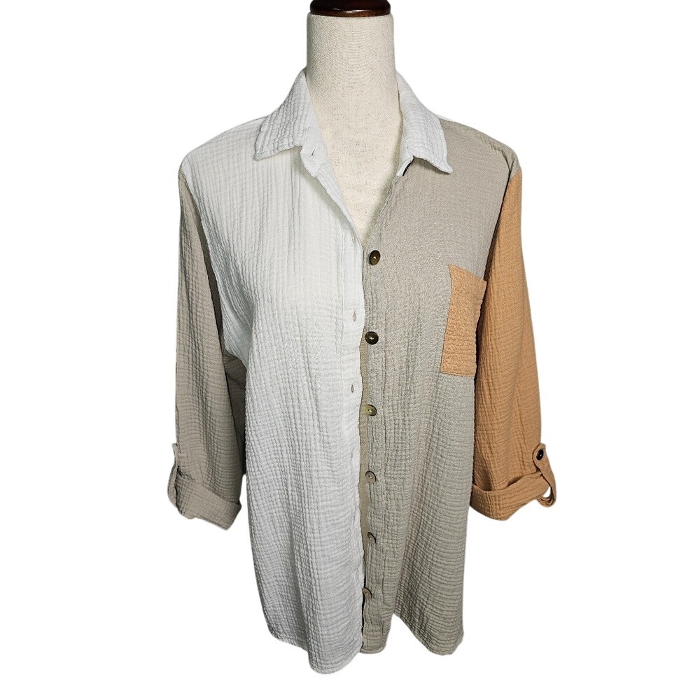 Shannon Passero Colorblock Button Up Gauzy 100% Cotton Shirt.  Tan Cream.  Lg